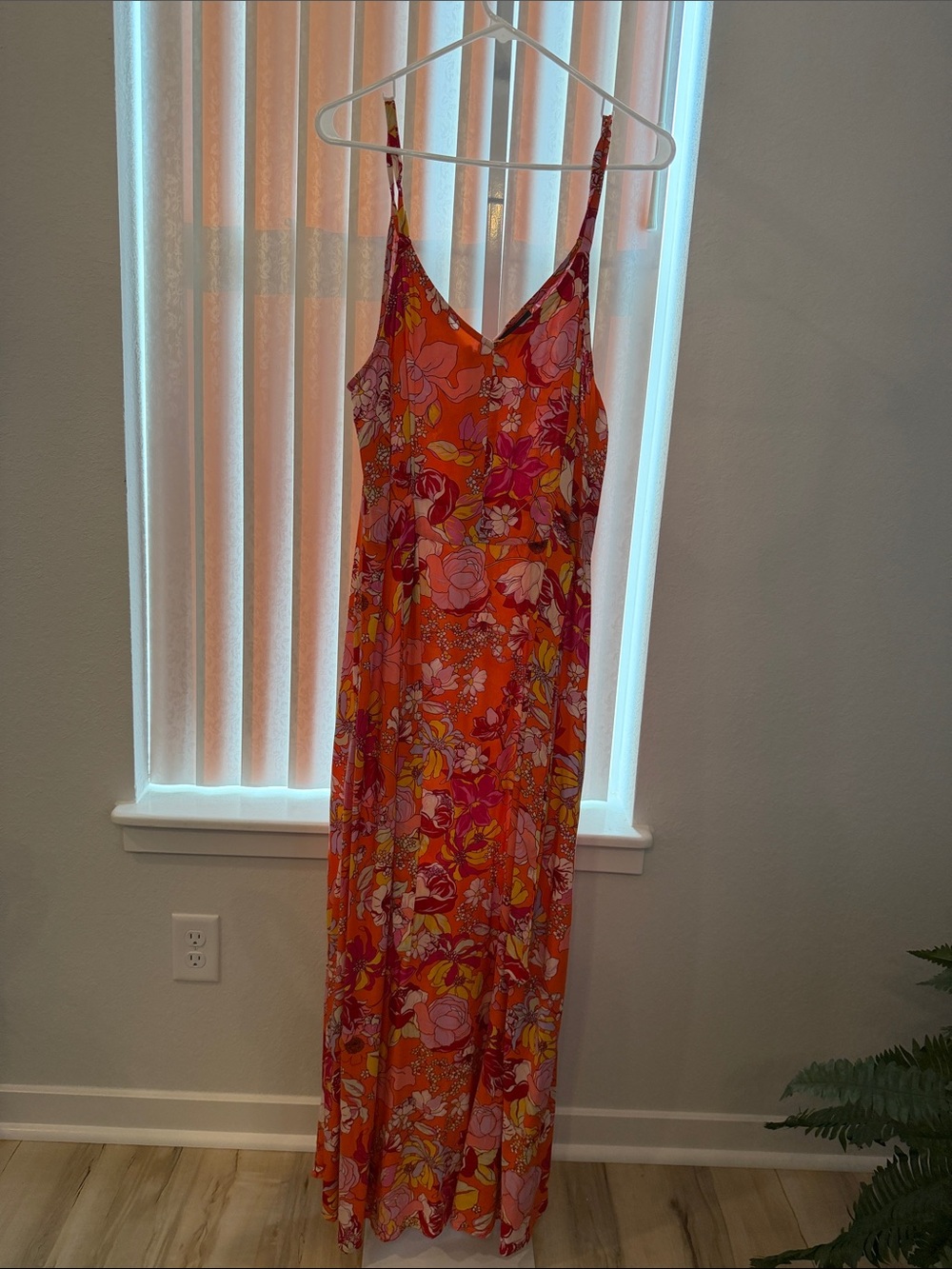 Orange Floral Maxi Slip Dress with V-Neck